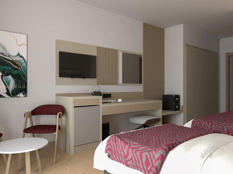 Modern hotel room with two beds, table, chairs, and wall art in neutral colors.