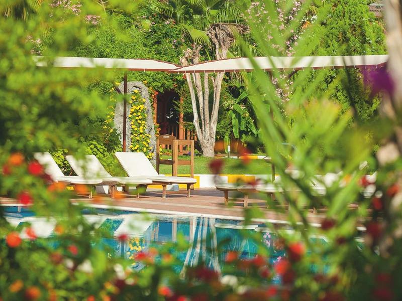 Area piscina con lettini e vegetazione verde in un giardino