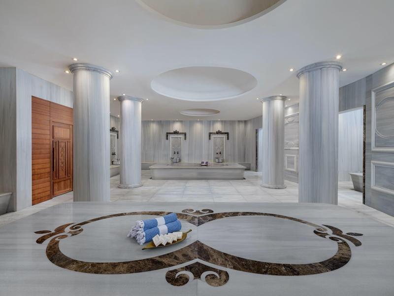 Elegant hammam with marble columns, round ceiling recesses, and ornate floor mosaic.