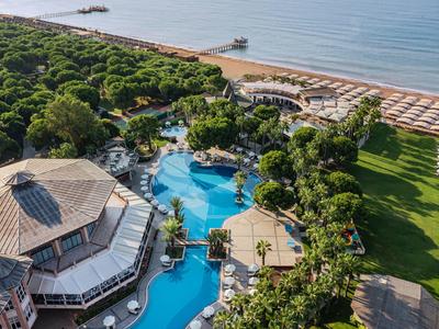 Aerial view of a resort with pool, sun loungers, and adjacent forest by the sea.