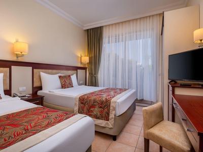 Hotel room with two single beds, desk, TV, and window with curtains.