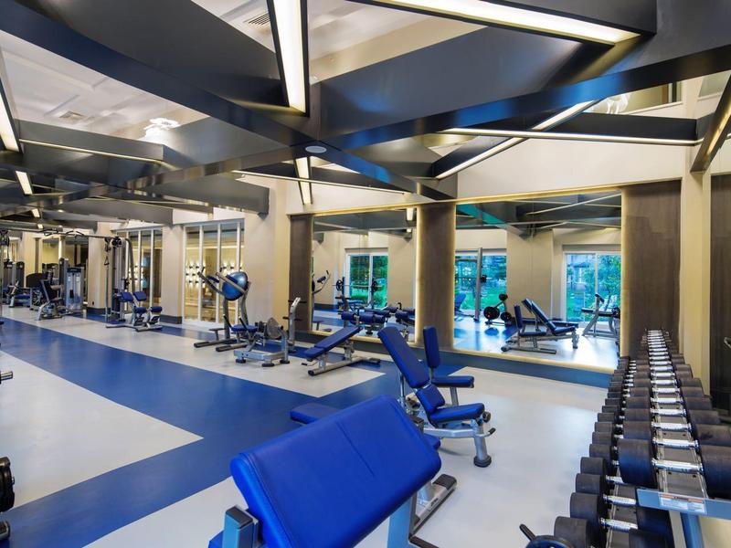 Modern gym with dumbbells, exercise machines, and large mirrors
