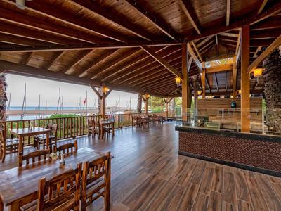 Raised wooden outdoor dining area with tropical views and thatched roof.