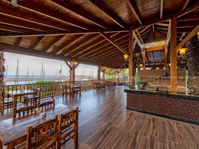 Raised wooden outdoor dining area with tropical views and thatched roof.