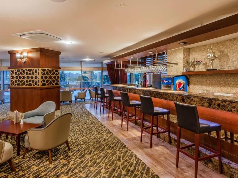 Cozy hotel bar with wooden counter, comfortable chairs, and warm lighting.