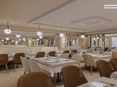 Modern dining room with set tables and brown chairs.