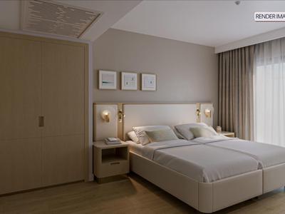 Modern hotel room with two single beds and large curtains at the window.