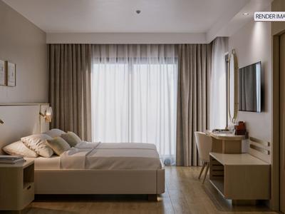 Modern hotel room with large bed, curtains, and wall-mounted TV in neutral tones.