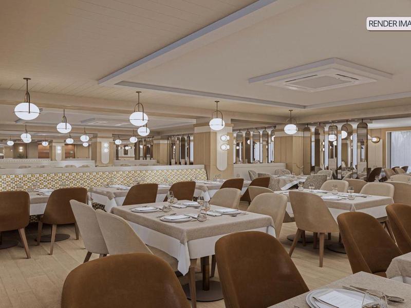 Modern dining room with set tables and brown chairs.