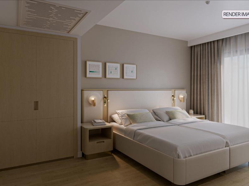 Modern hotel room with two single beds and large curtains at the window.