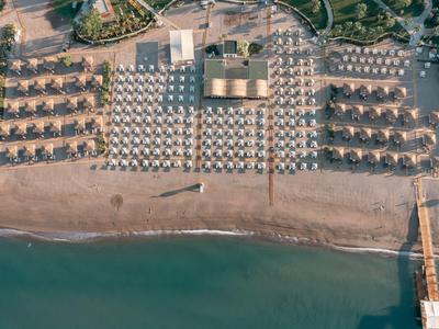 Veduta aerea di una spiaggia con file di ombrelloni e lettini lungo la costa.