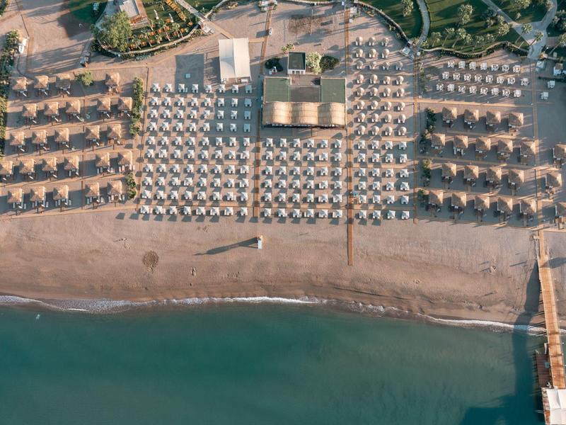 Veduta aerea di una spiaggia con file di ombrelloni e lettini lungo la costa.