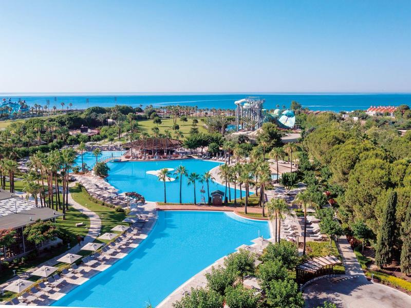 Grande piscina dell'hotel con palme, lettini e vista sul mare sotto un cielo sereno.