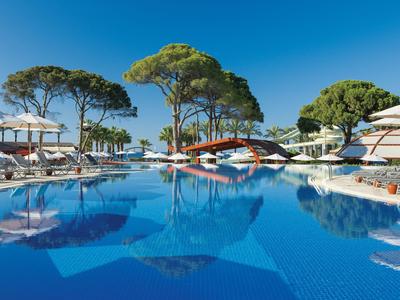 Duży niebieski basen hotelowy z leżakami, parasolami i drzewami pod czystym niebem.