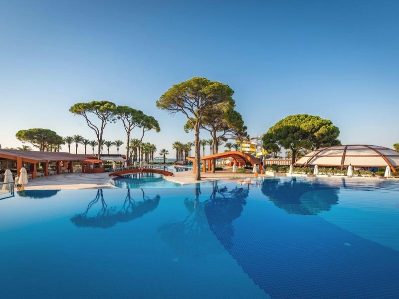 Großer blauer Pool mit Palmen und Liegen unter klarem Himmel in einem Hotelresort.