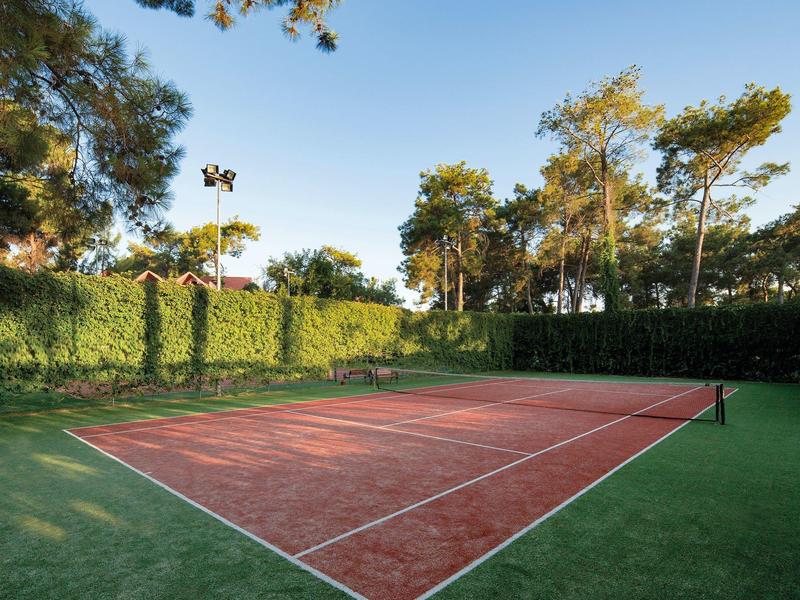 Roter Tennisplatz mit grünem Rand im Freien unter blauem Himmel und Bäumen im Hintergrund.