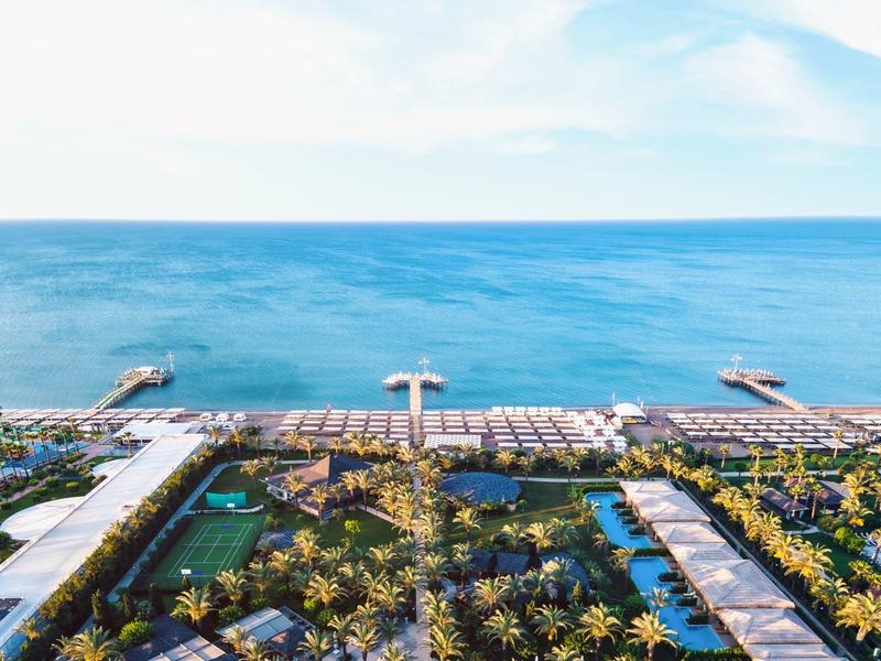 Vista aérea de un resort con piscina, palmeras y acceso directo a la playa y el mar.