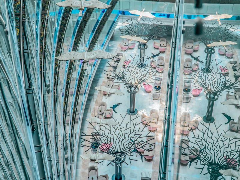 Vista desde ventana alta de hotel hacia suelo decorativo con motivos de árboles y aves.