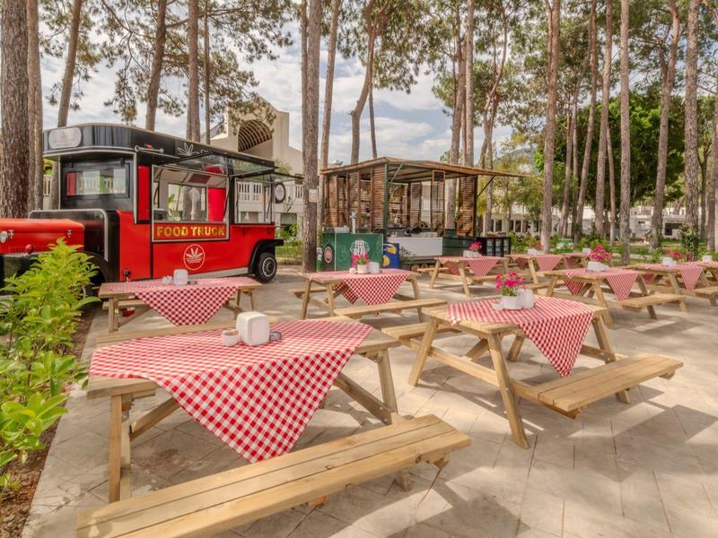 Outdoor seating area with wooden tables and red and white checkered tablecloths in a wooded hotel garden.