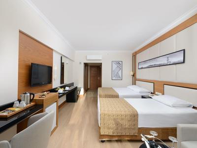 Habitación de hotel moderna con dos camas, televisor de pantalla plana y muebles de madera clara.