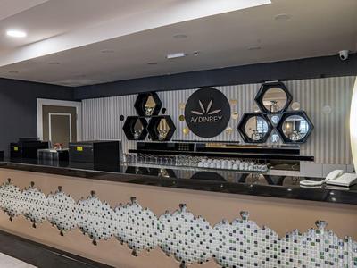 Fondo moderno de hotel con mostrador, decoración y estanterías integradas en la pared.