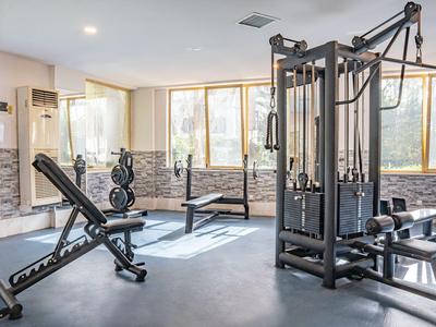 Salle de sport moderne avec équipements de musculation et grandes fenêtres donnant sur l'extérieur.