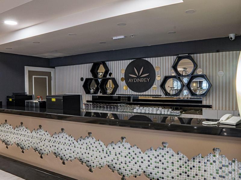 Fondo moderno de hotel con mostrador, decoración y estanterías integradas en la pared.