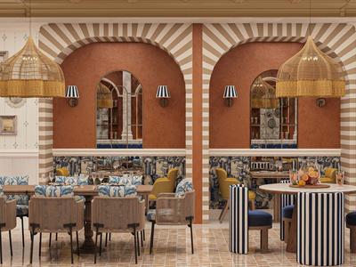 Restaurante moderno con paredes marrones, muebles de madera y lámparas decorativas colgantes.