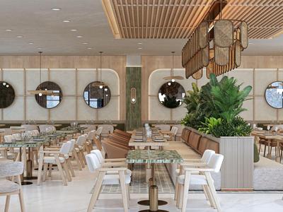 Restaurante moderno y luminoso con espejos redondos en la pared y plantas decorativas.