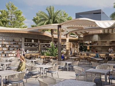 Área exterior moderna de una cafetería con mesas y sillas blancas, palmeras y cielo azul.