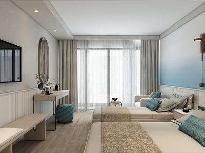 Habitación de hotel luminosa con dos camas, escritorio, televisor y ventana grande con cortinas.