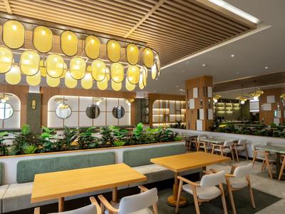 Restaurant d'hôtel moderne avec tables en bois, sièges rembourrés et éclairage décoratif.