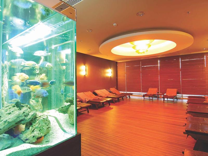 Příjemná wellness zóna s velkým akváriem a lehátky v teplém osvětlení.