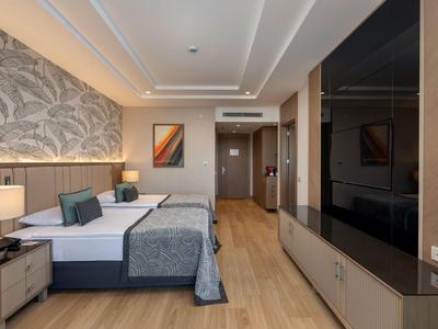 Modern hotel room with double bed, desk, and TV.