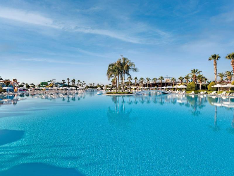 Área amplia de piscina con agua azul clara, rodeada de palmeras y hamacas bajo un cielo azul.