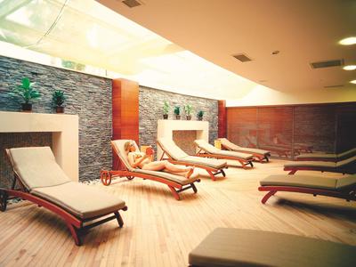 Innenraum eines Wellnessbereichs mit Liegen und entspannender Atmosphäre.