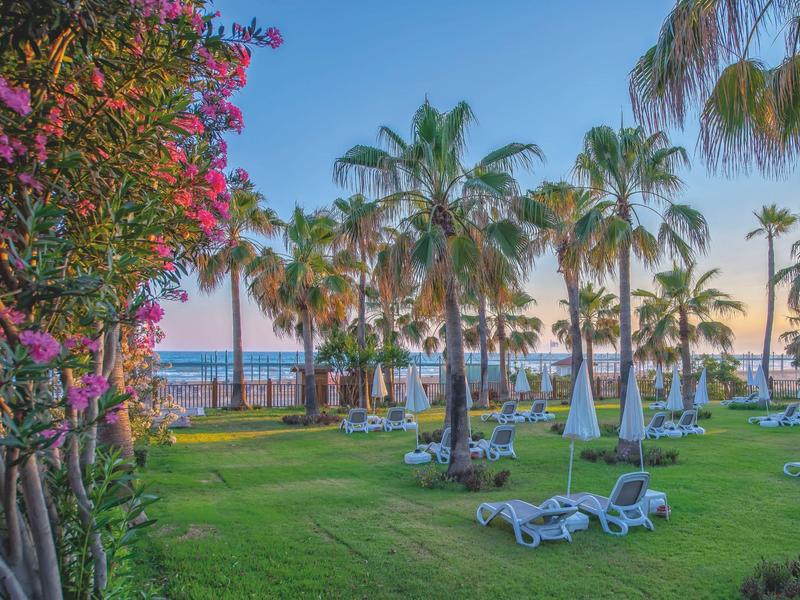 Pelouse verte d'hôtel avec chaises longues, palmiers et vue sur la mer au coucher du soleil.