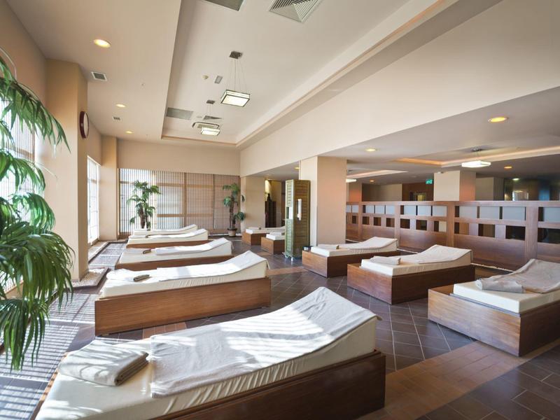 Lichte, ruime spa-ruimte met houten bedden, witte handdoeken en grote ramen met planten.