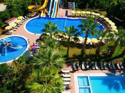 View of a water park with pools, water slides, and sun loungers in a green setting.