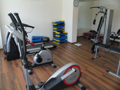 Kleiner Fitnessraum mit Crosstrainer, Fahrrad, Stepper und Hanteln auf Holzboden.