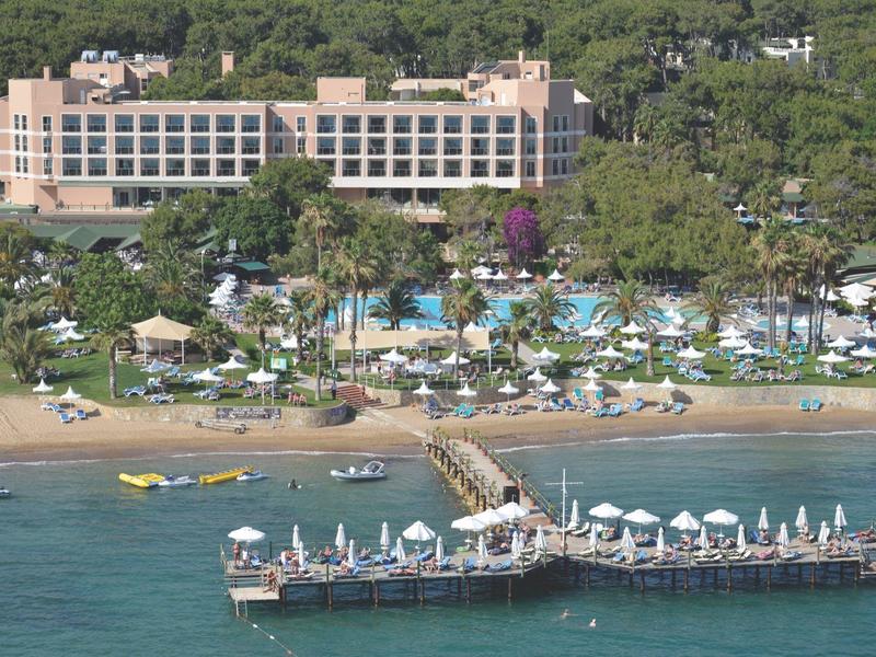 Hotel con gran piscina, tumbonas en la playa y muelle al mar en una zona costera verde.