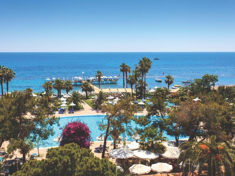 Vista de una piscina de hotel con sombrillas y palmeras junto al mar bajo un cielo claro.