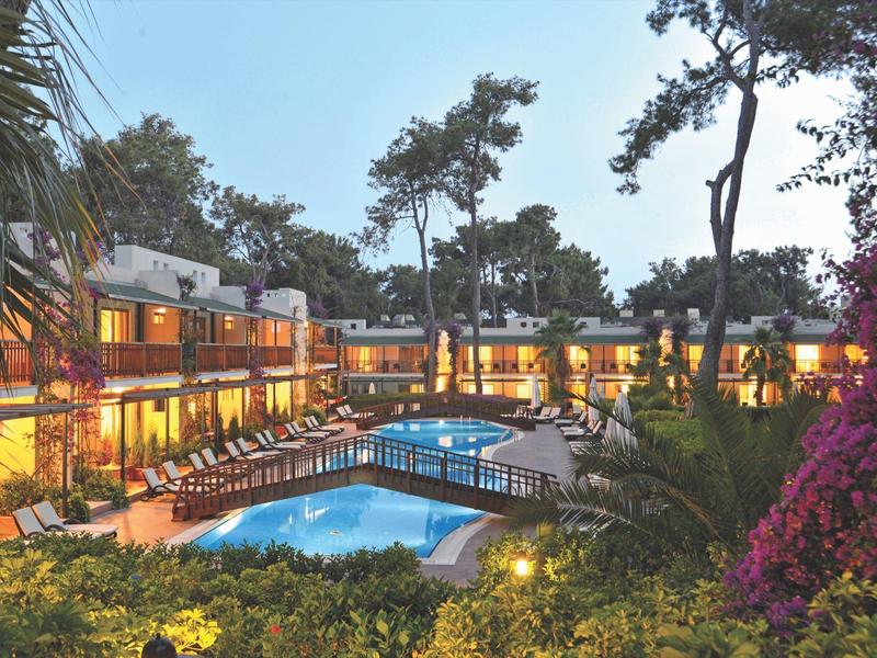 Hotel con piscina iluminada, rodeado de árboles y flores, ideal para vacaciones tranquilas.