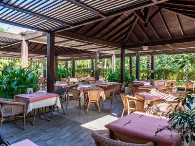 Buitenpatio van hotelrestaurant met houten dak, rotan stoelen en tafels omgeven door weelderig groen.