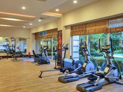 Lichte fitnessruimte met moderne fitnessapparatuur en grote ramen met uitzicht op groen.