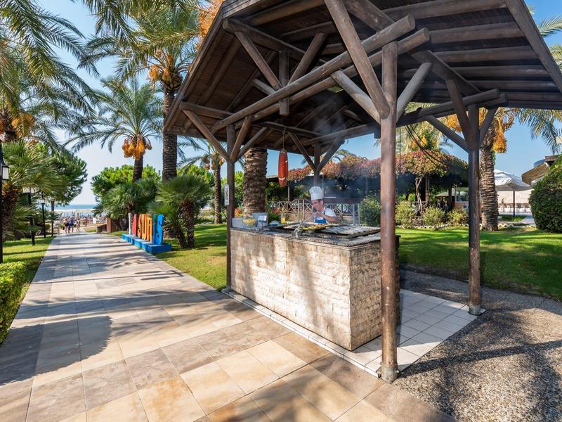 Buiten barbecueplek met houten overkapping naast een betegeld pad en palmbomen.