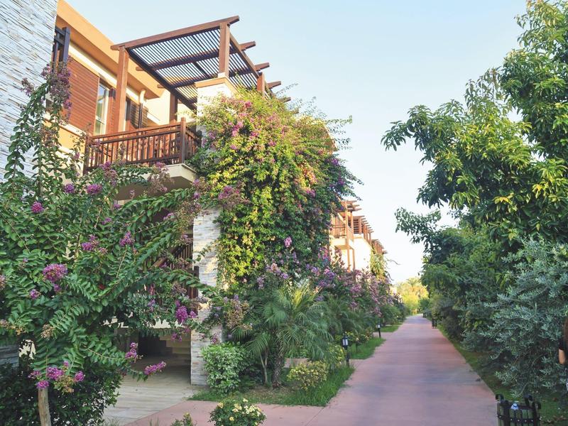 Een rustige wandelweg langs een weelderig begroeid hotel met een houten balkon.