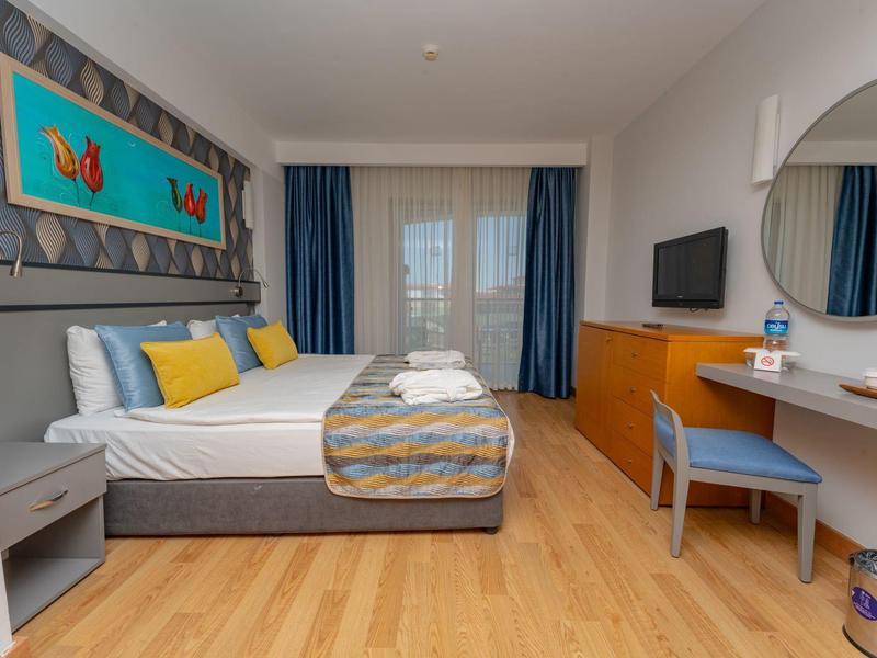 Modern hotelkamer met tweepersoonsbed, tv, bureau en houten vloer.