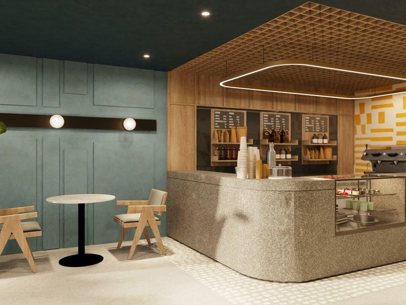 Recepción de hotel moderna con mostrador curvo de mármol y muebles de madera minimalistas en colores cálidos.