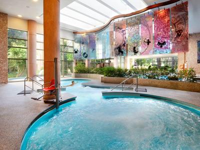Binnenruimte met jacuzzi, waterval en gezellige zitplaatsen in een wellnesshotel.